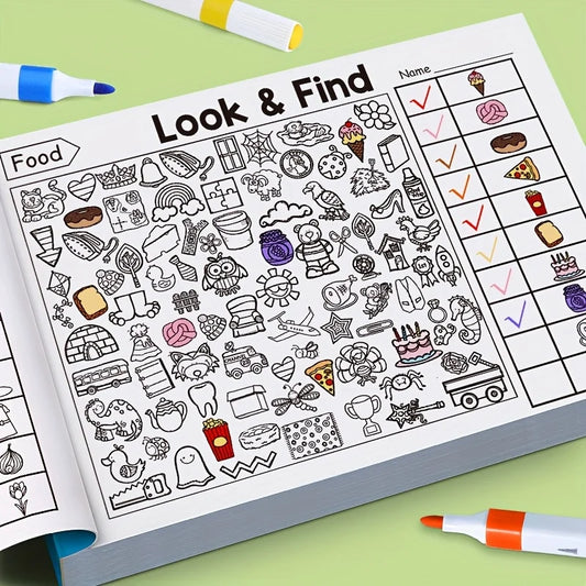 Children’s hidden object colouring book with look and find search activities and black and white illustrations