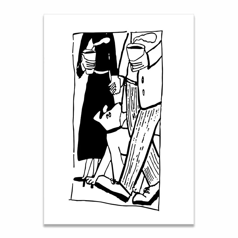 A minimalist black and white art print featuring an abstract cubist-style illustration of two figures holding cups, centered on a white background.