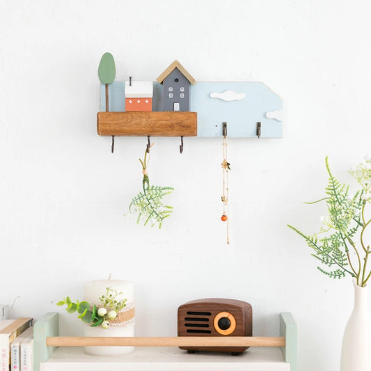 Cute Wooden House Key Hook Shelf – Decorative Wall Storage Style 2