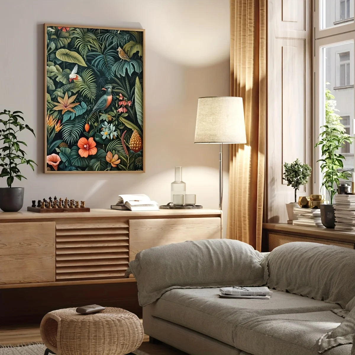 Living room with a sofa, coffee table, and a Set of three vintage botanical canvas prints featuring tropical plants, exotic flowers