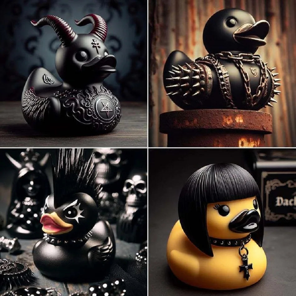 Gothic punk-style resin duck figurine displayed as a dark decorative desk ornament