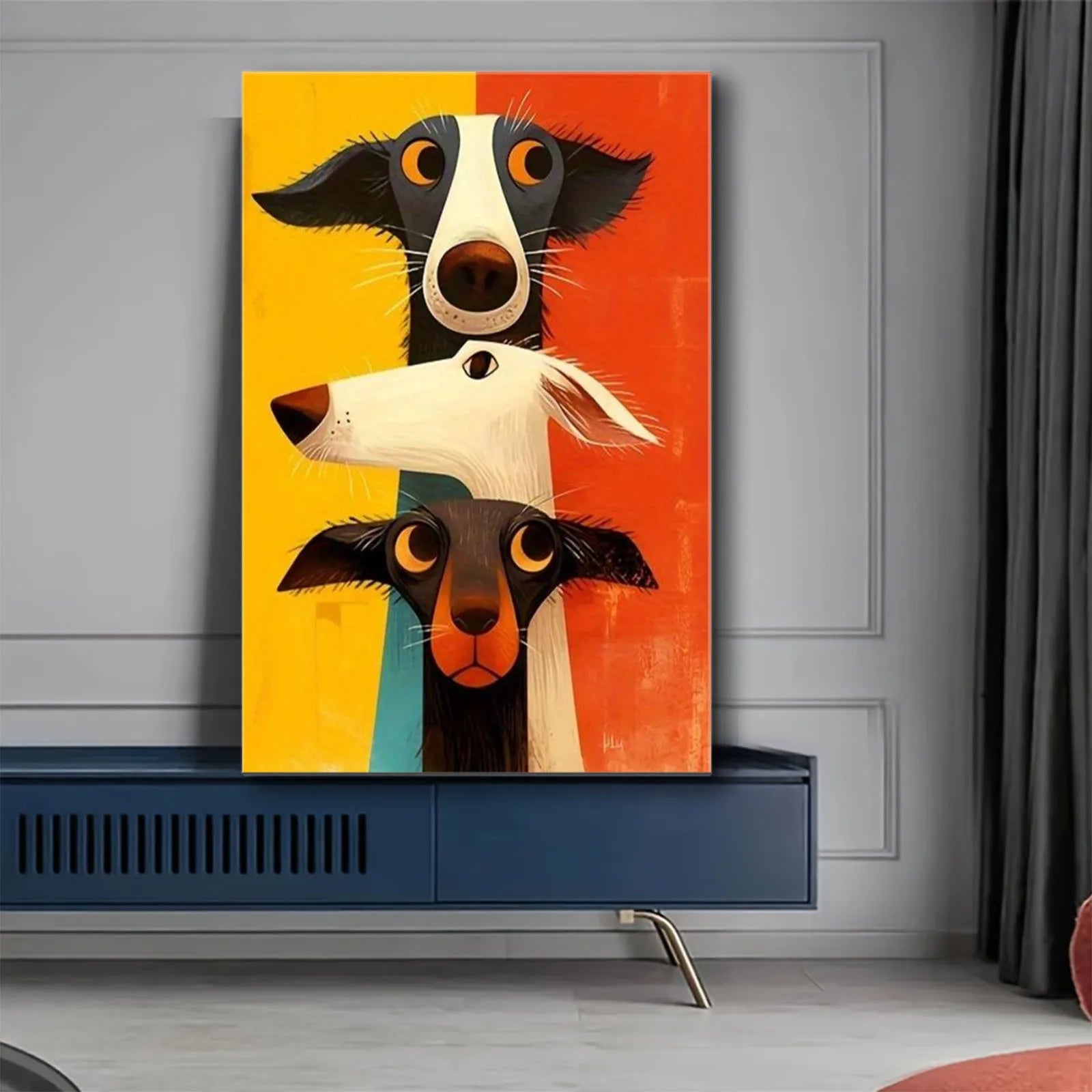 Colourful abstract dog wall art featuring three stylised cartoon dogs stacked vertically in a modern contemporary canvas print design.