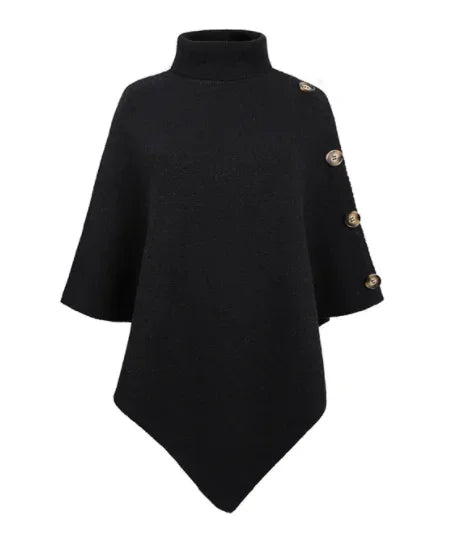 Black poncho with gold buttons on a white background