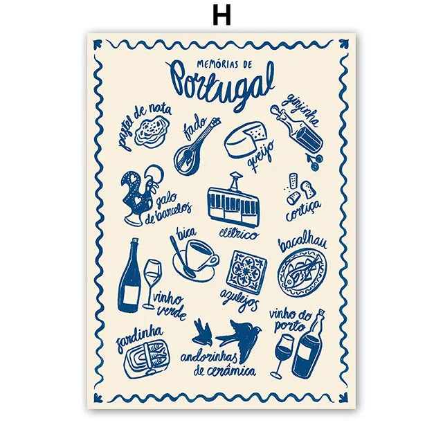 Poster with blue illustrations and text on a beige background