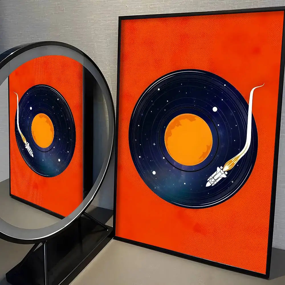 Framed artwork of a vinyl record with space-themed design on an orange background