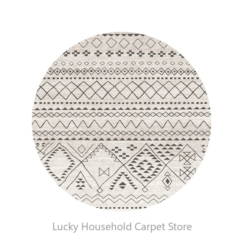 Round rug with geometric pattern on a white background, branded 'Lucky Household Carpet Store'.