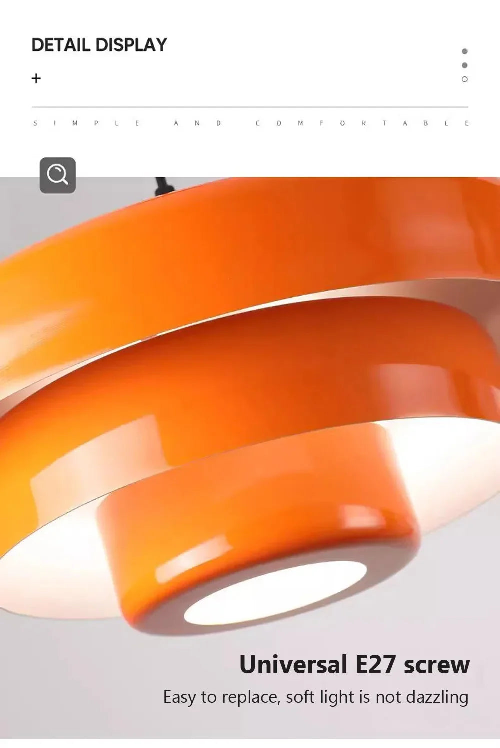 Orange light fixture with 'Universal E27 screw' text on a gray background