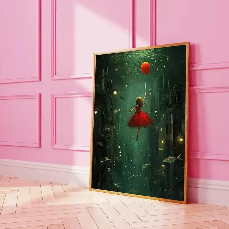 Framed artwork of a woman in a red dress underwater with fish on a pink wall.