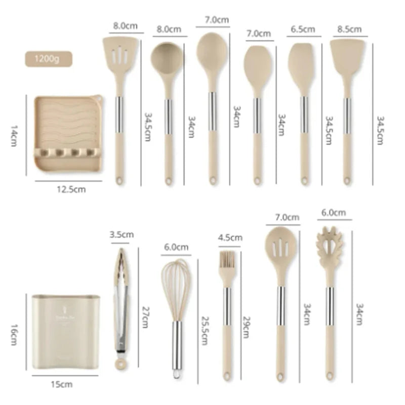 Set of wooden kitchen utensils with measurements on a white background