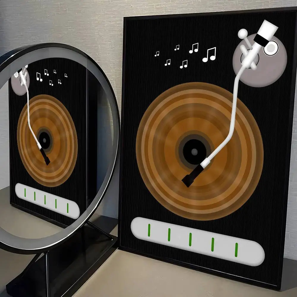 Decorative wall art with a turntable design and music notes.