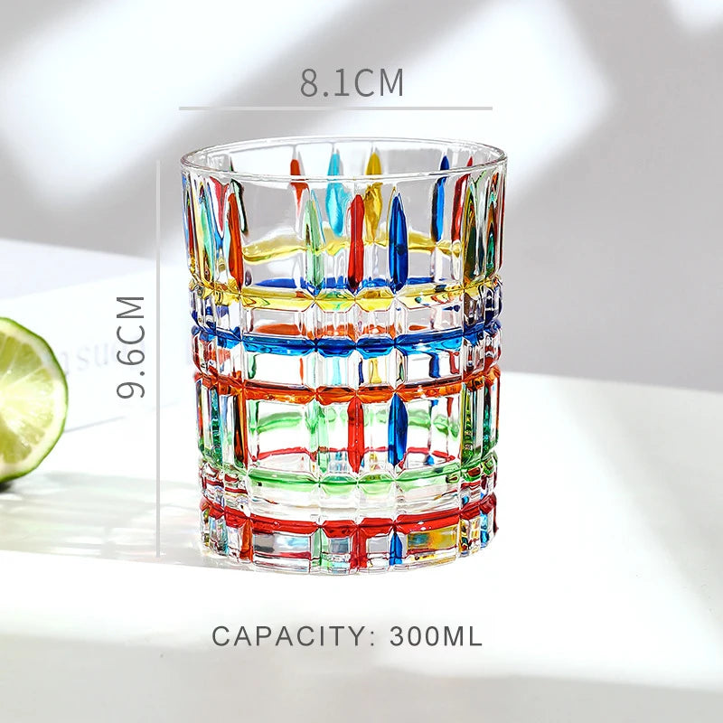 Colorful glass tumbler with dimensions and capacity text on a white background