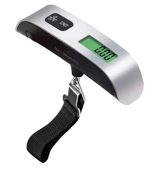 Digital luggage scale with a green display on a white background