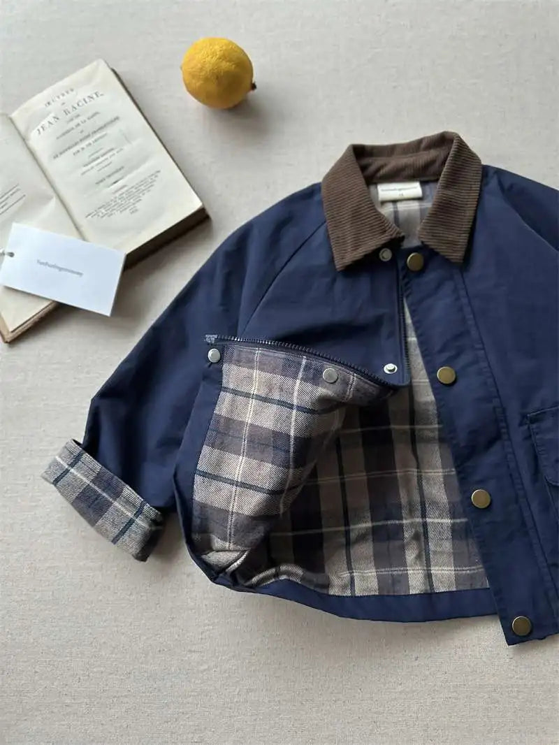Boys Plaid Lined Jacket, Spring Autumn Cotton Coat