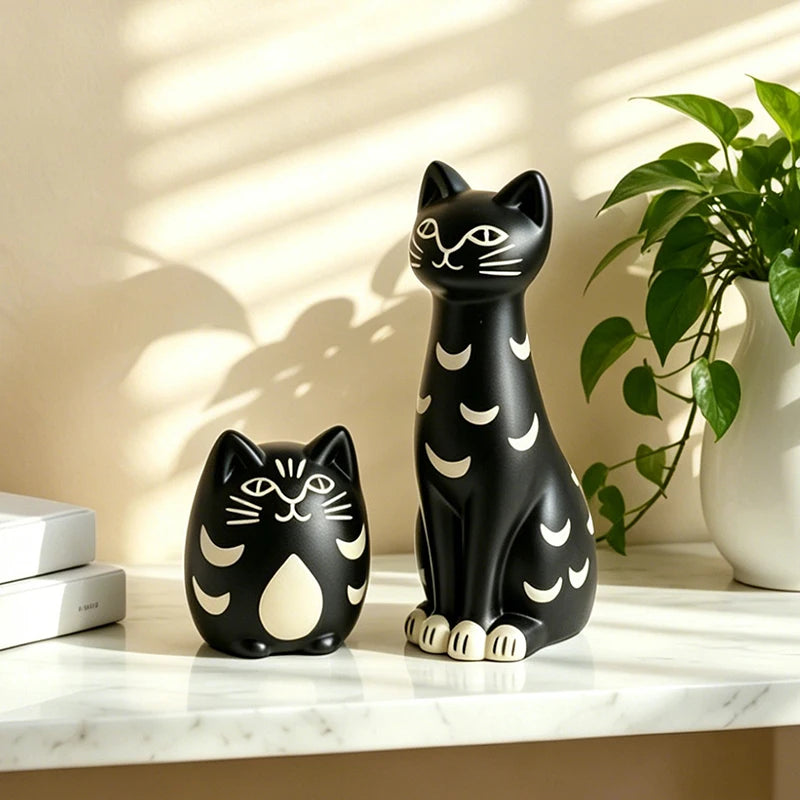 Two black cat figurines with cream-colored crescent moon patterns, one small and one large, displayed on a white marble surface next to a green potted plant.