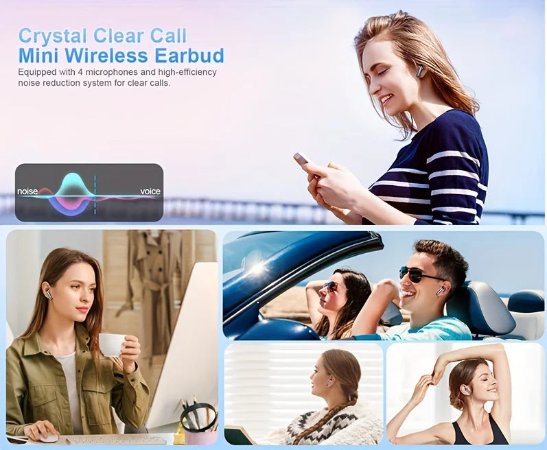 Woman using wireless earbuds with text about crystal clear call mini wireless earbud and noise reduction system.