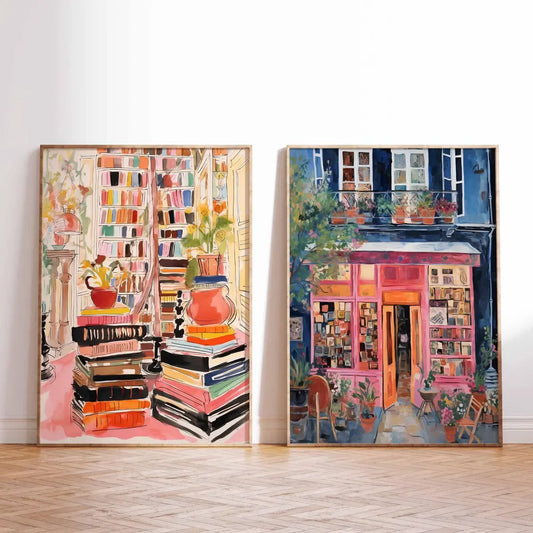 Two vintage-inspired bookshop canvas prints featuring colourful bookshelves and a charming bookstore displayed against a white wall.