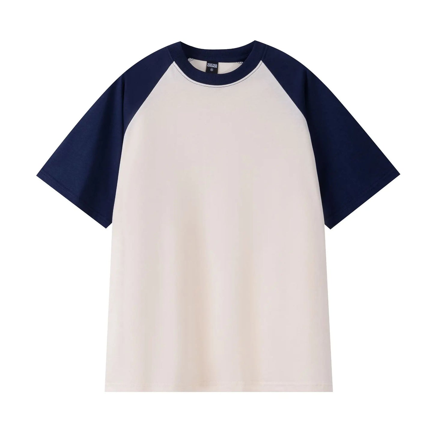 Baseball t-shirt with navy sleeves and white body on a white background