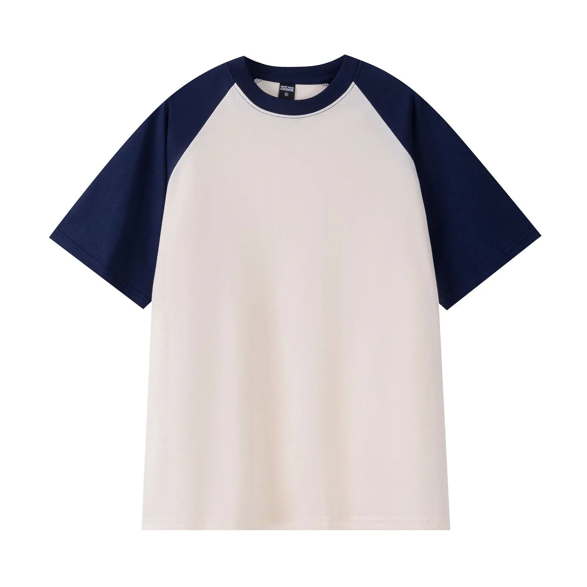Baseball t-shirt with navy sleeves and white body on a white background