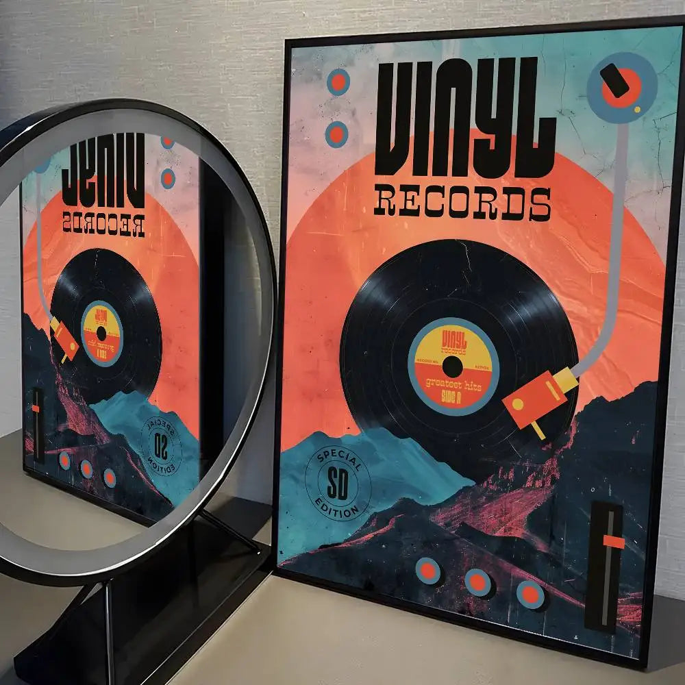 Vinyl record with a colorful cover design on a textured surface