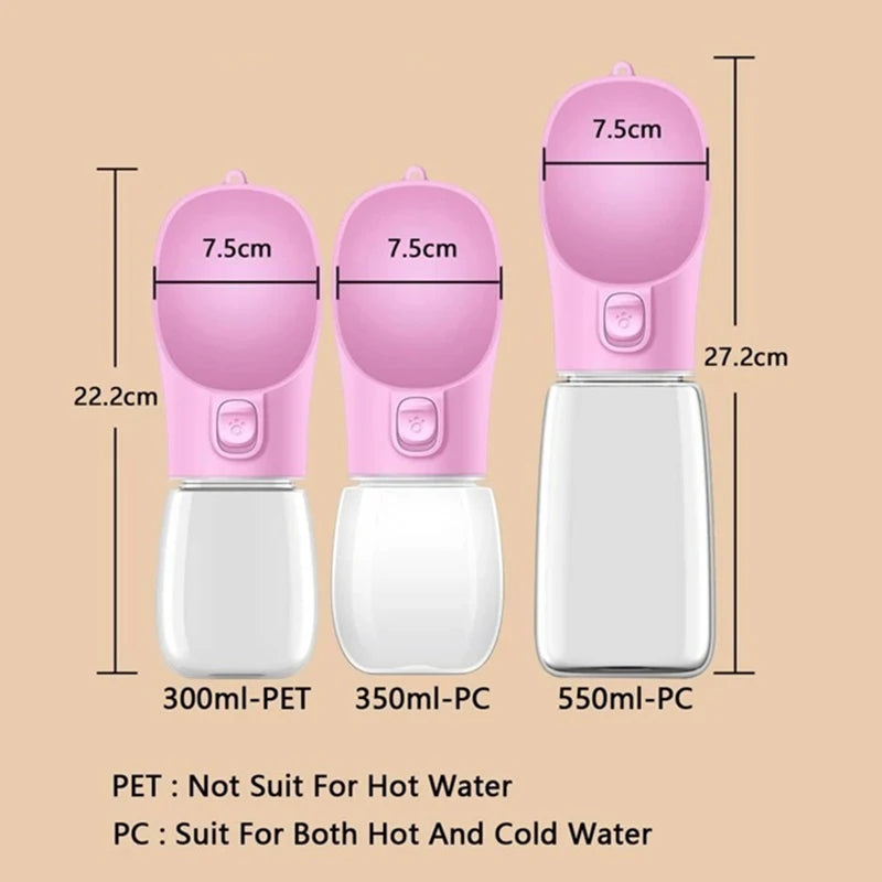 Three pink pet water bottles with measurements and water capacity labels on a beige background.