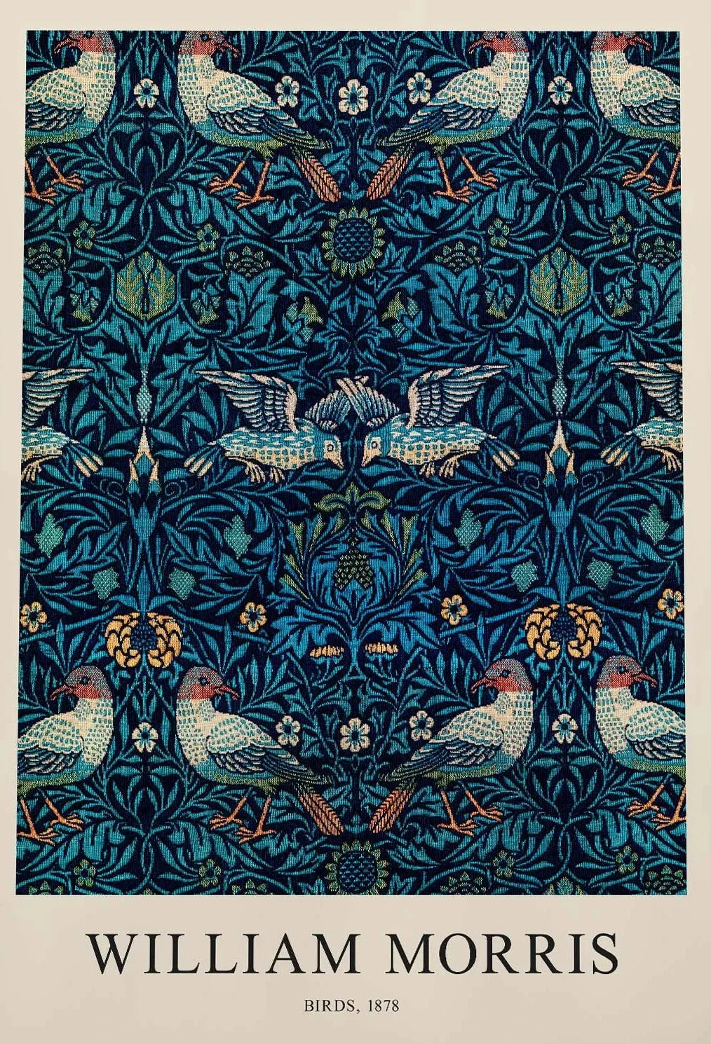 Decorative pattern with birds and foliage, inspired by William Morris, on a blue background.
