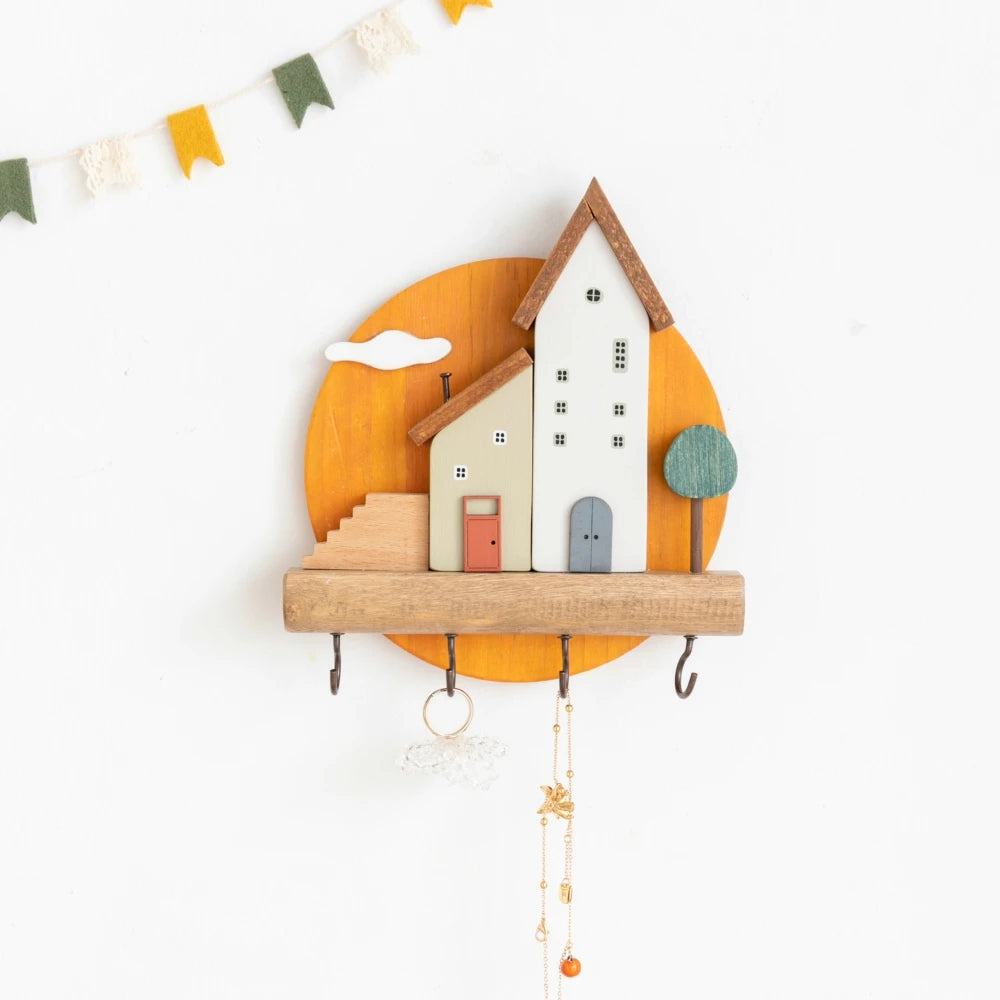 Cute Wooden House Key Hook Shelf – Decorative Wall Storage Style 8