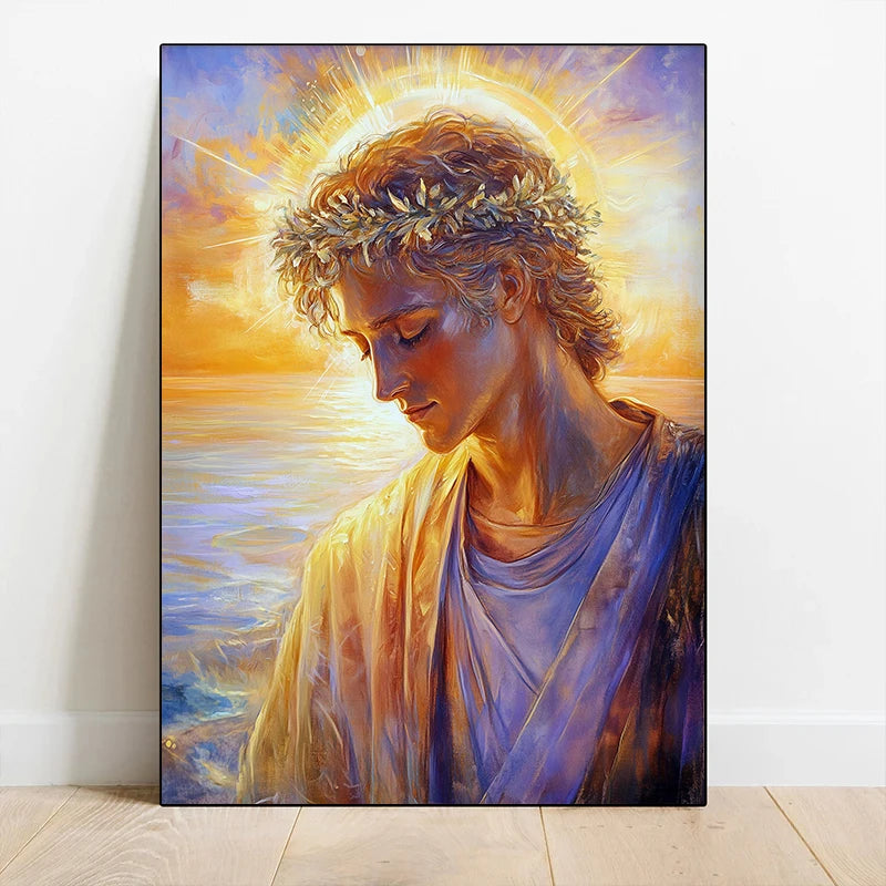 Painting of a person with a halo against a sunset sky