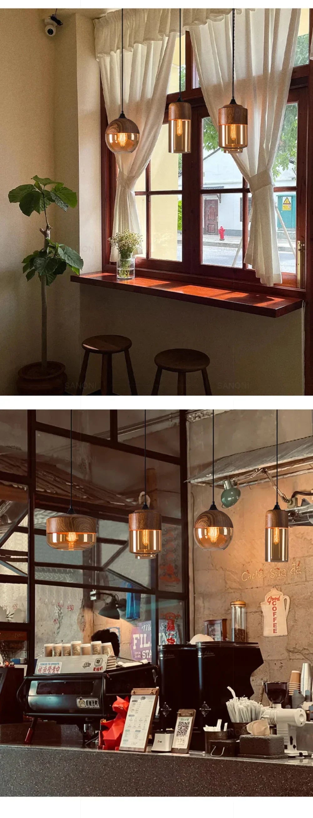 Two views of a cozy cafe interior with wooden stools, hanging lights, and a counter.