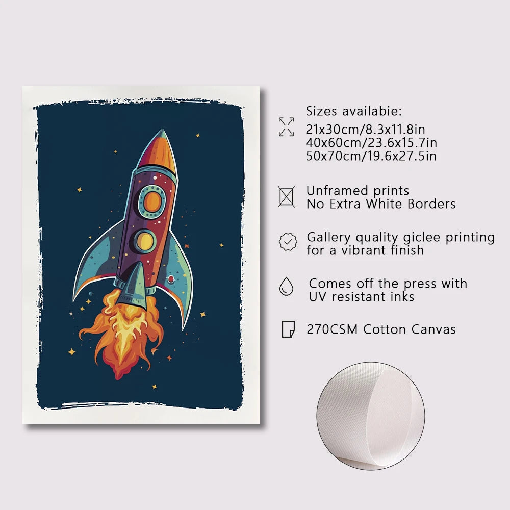Canvas print with a rocket design on a blue background, featuring product details.