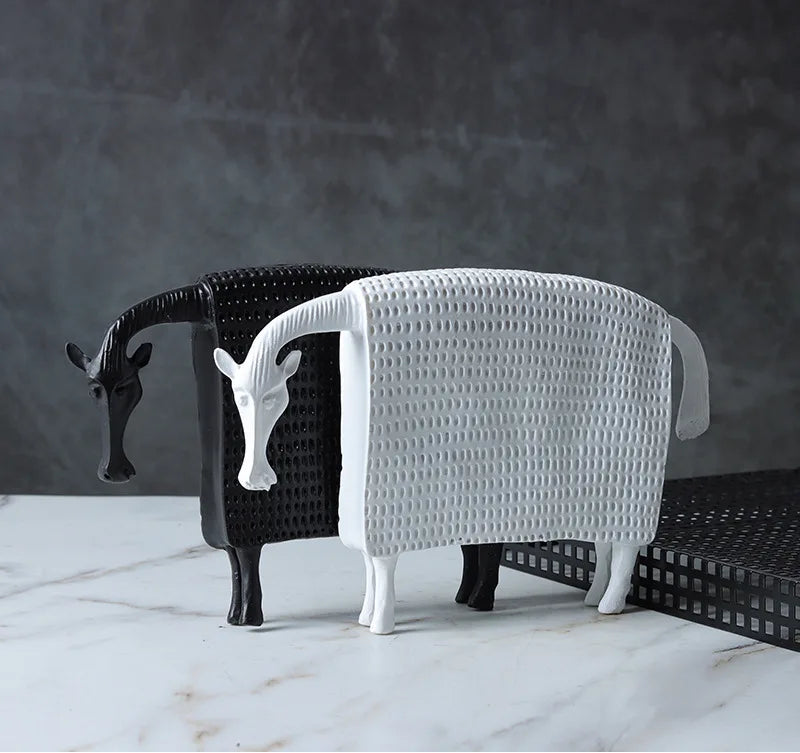 Abstract armoured horse sculpture in black and white resin with textured decorative armour, modern contemporary ornament for home decor.