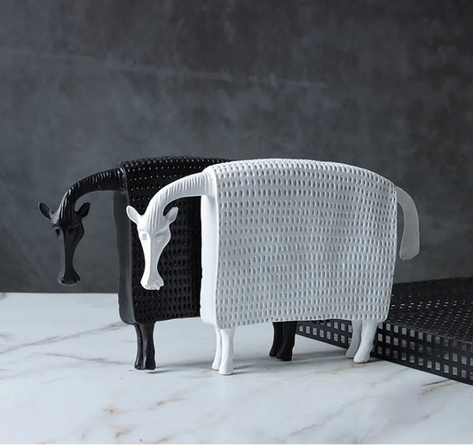 Abstract armoured horse sculpture in black and white resin with textured decorative armour, modern contemporary ornament for home decor.