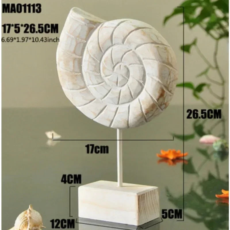Decorative shell on a stand with measurements against a blurred natural background