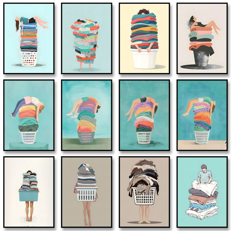 Minimalist laundry basket art poster featuring stacked clothes and modern figure illustration on canvas
