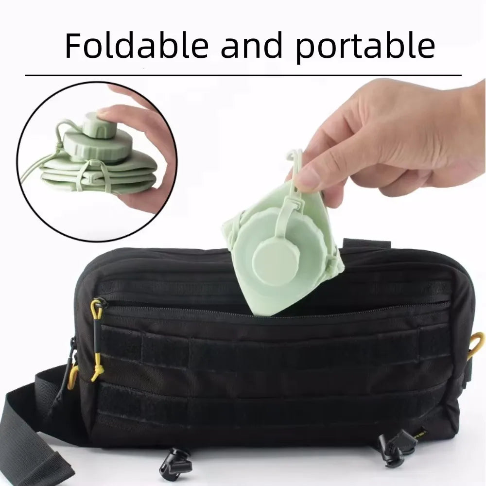Foldable green water bottle being placed into a black bag with text 'Foldable and portable'.
