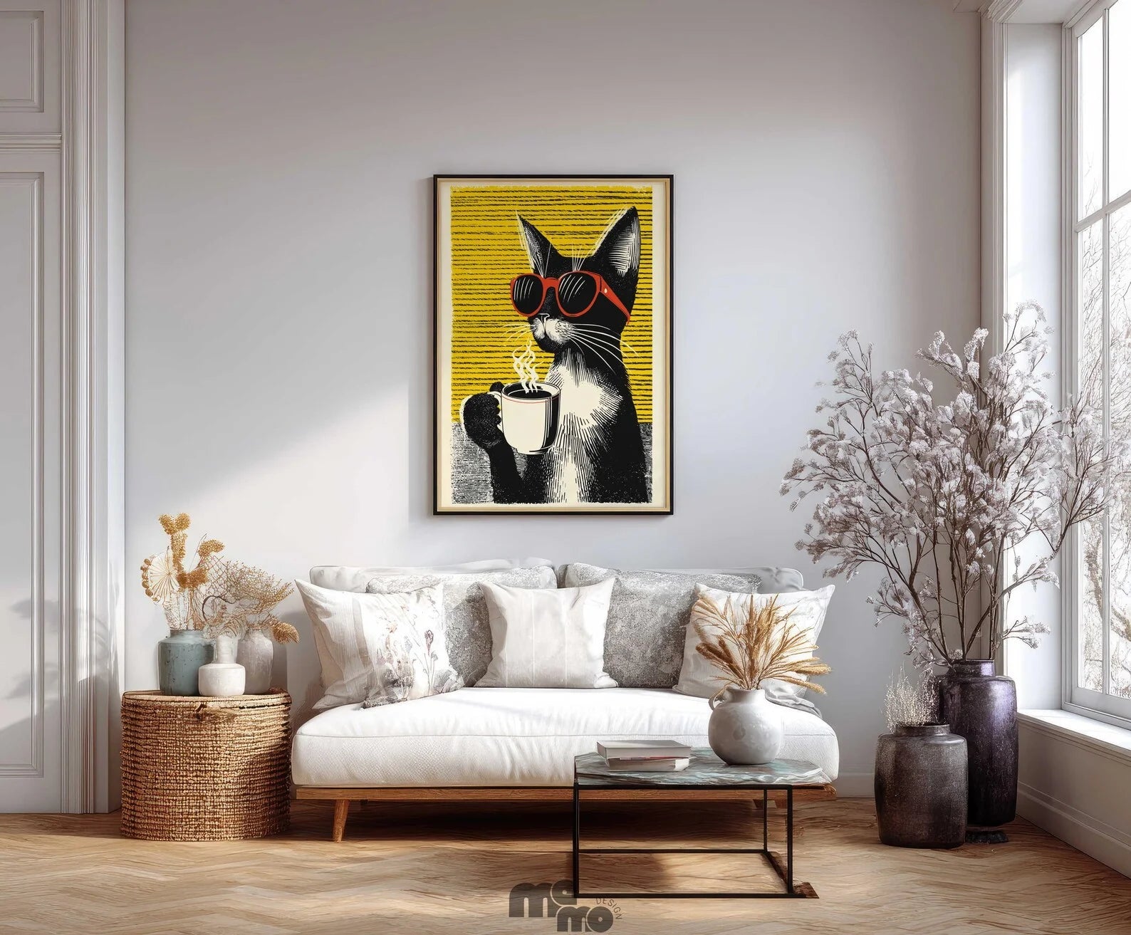 Living room with a cat illustration on the wall above a sofa.