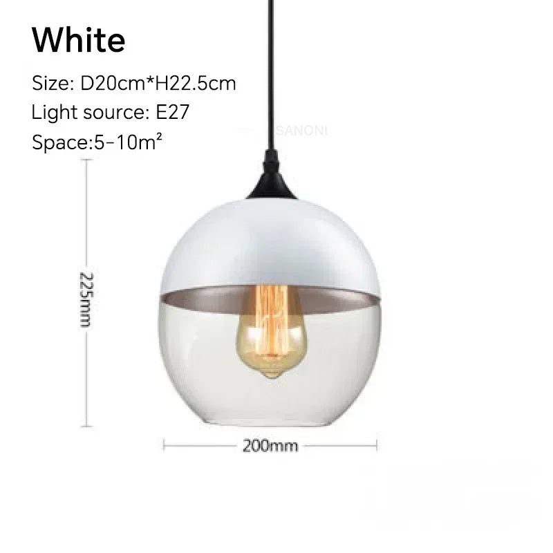 White pendant light with dimensions and specifications on a white background