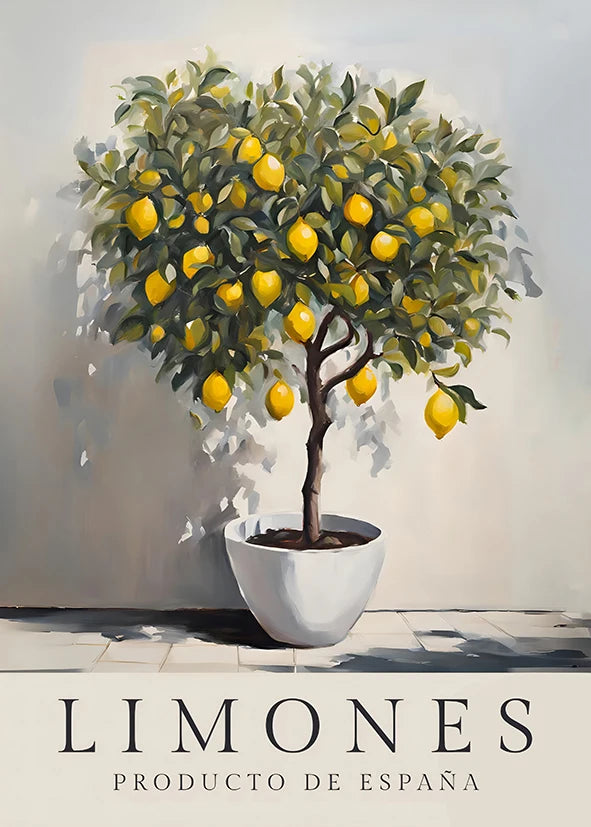 Potted lemon tree with lemons against a light background, labeled 'LIMONES PRODUCTO DE ESPAÑA'.