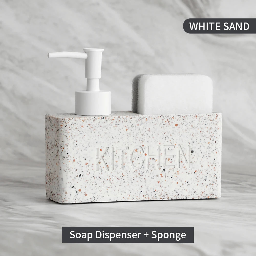 Soap dispenser and sponge set with 'KITCHEN' text on a textured surface