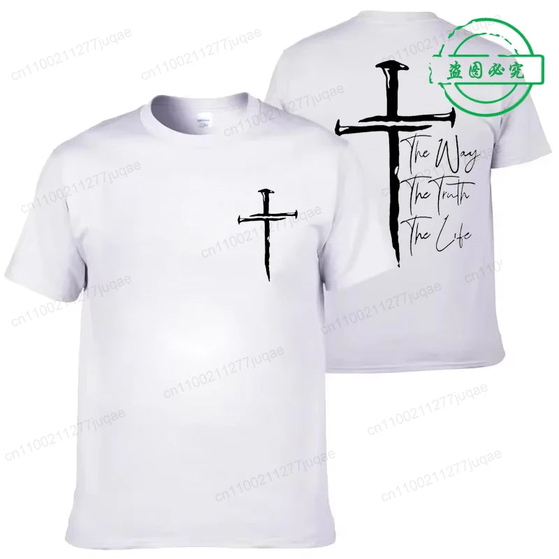 White t-shirt with black cross design and text on front and back