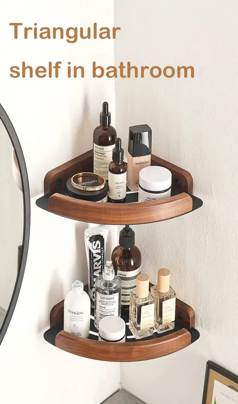 Wooden triangular shelf in a bathroom with various bottles and containers.
