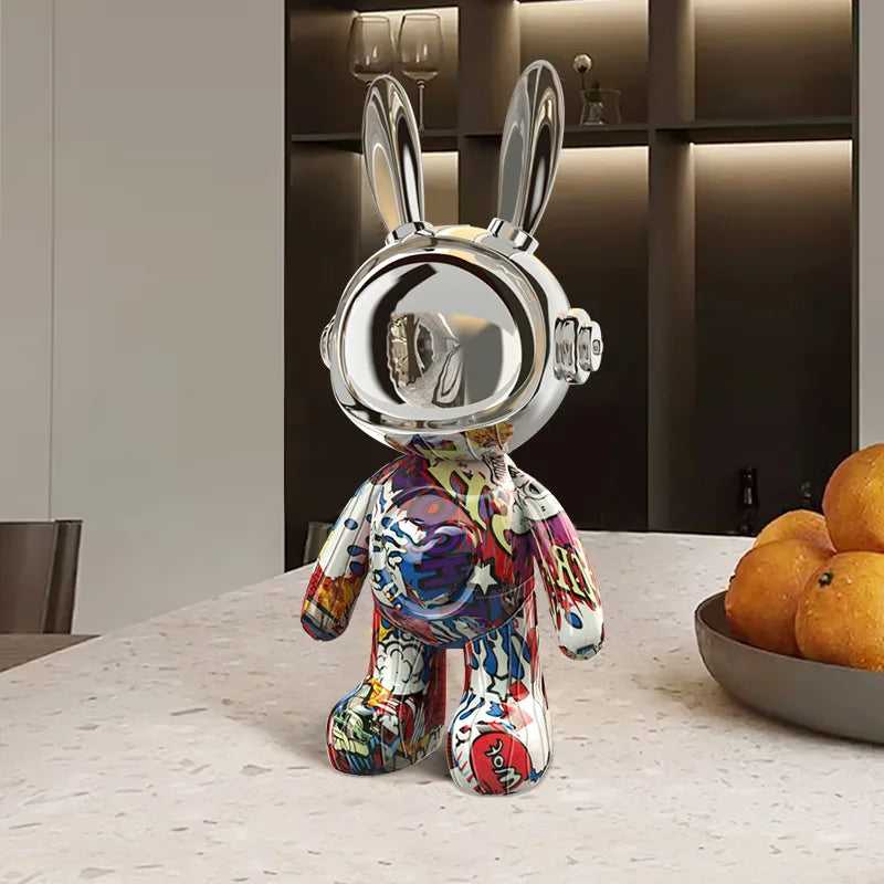 Colorful rabbit-shaped decorative object on a table with a modern interior background