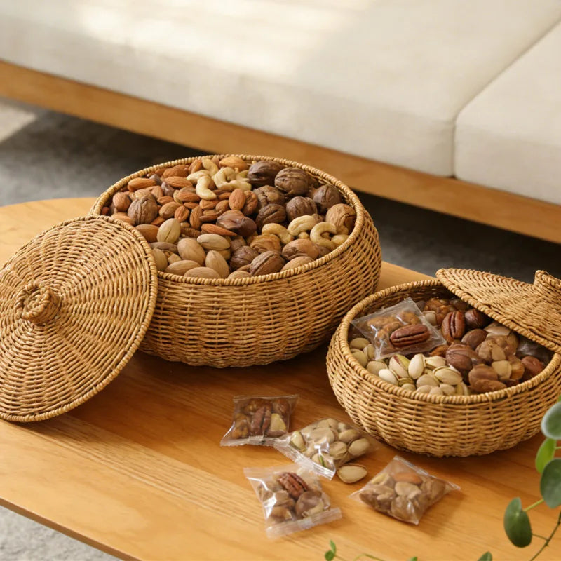 Wicker baskets filled with assorted nuts on a wooden surface.