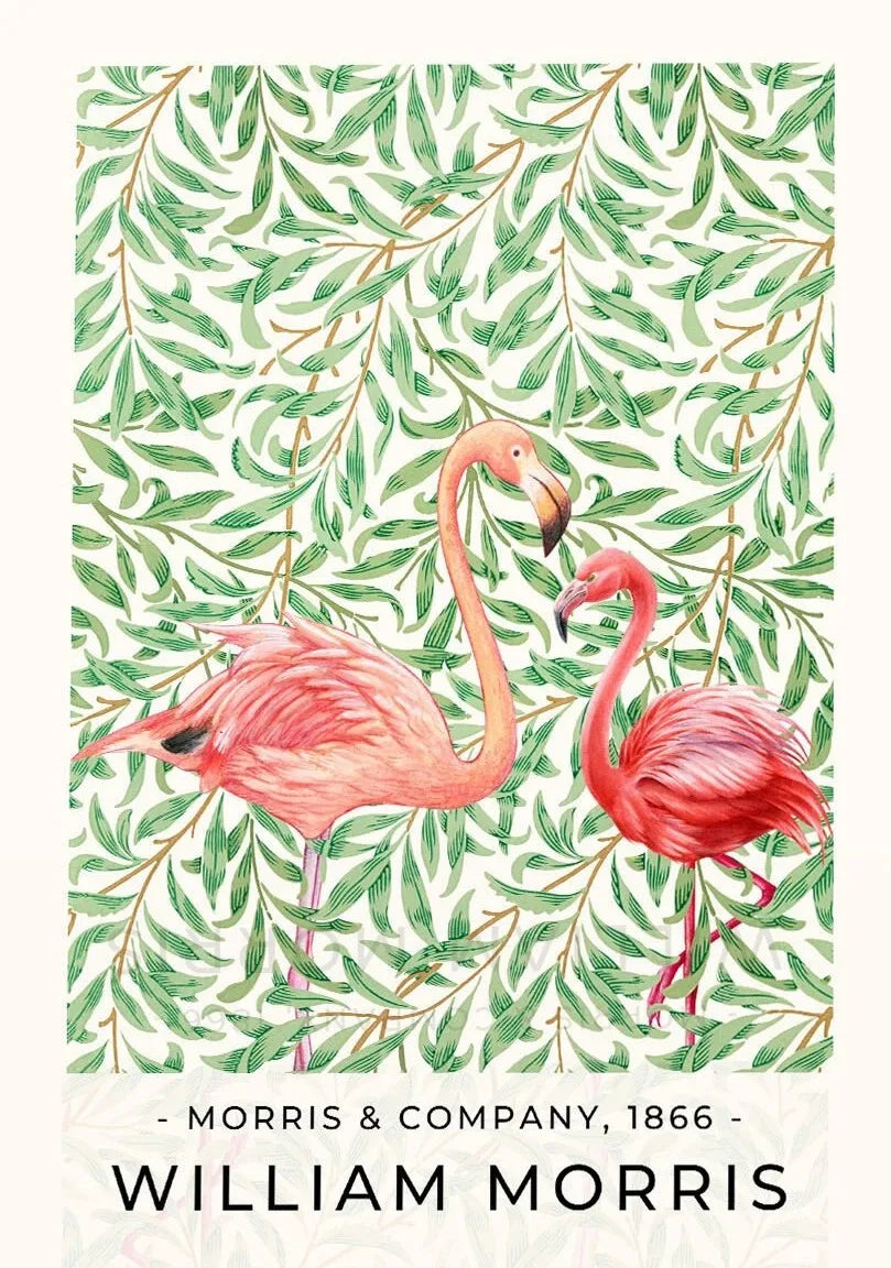 Flamingo design with green leaves and 'Morris & Company, 1866' text on a white background