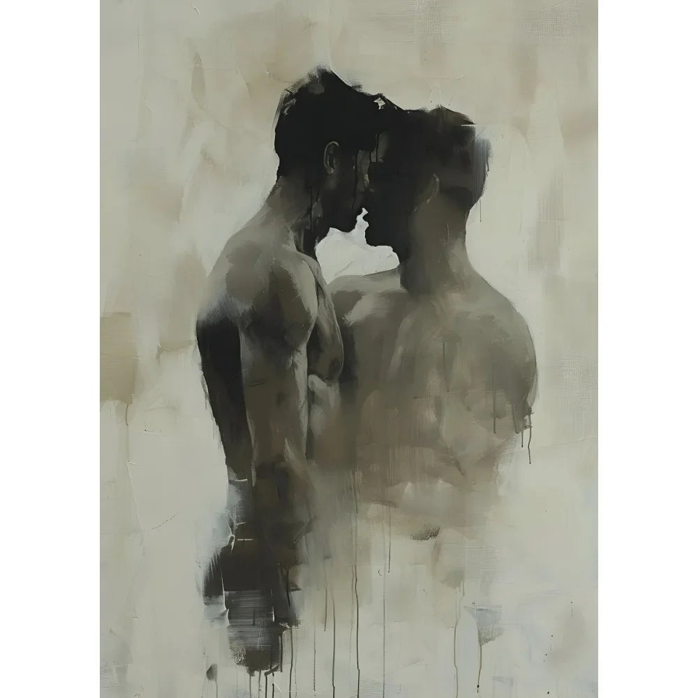 Artistic depiction of two nude figures embracing on a textured surface