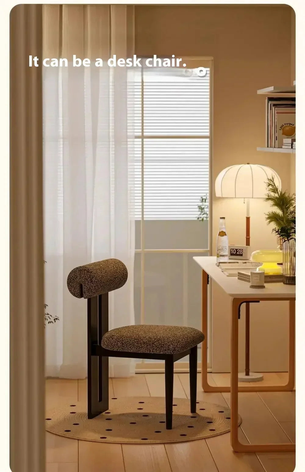 Chair in a room with a desk and lamp