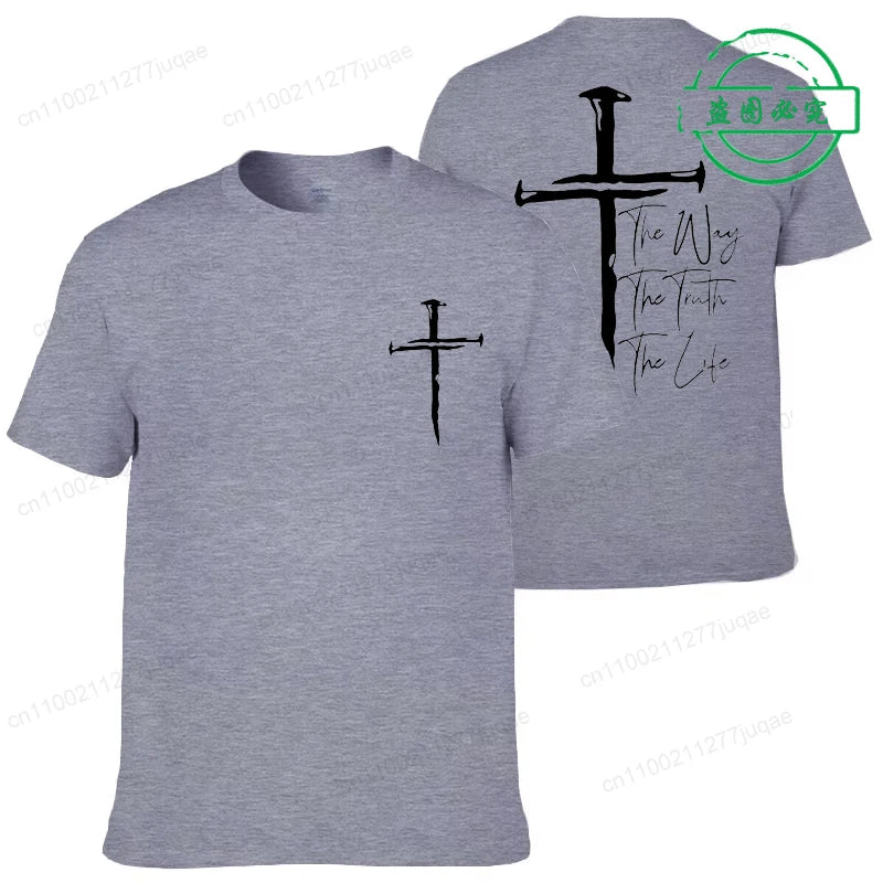 Gray t-shirt with black cross design on front and back, featuring text.