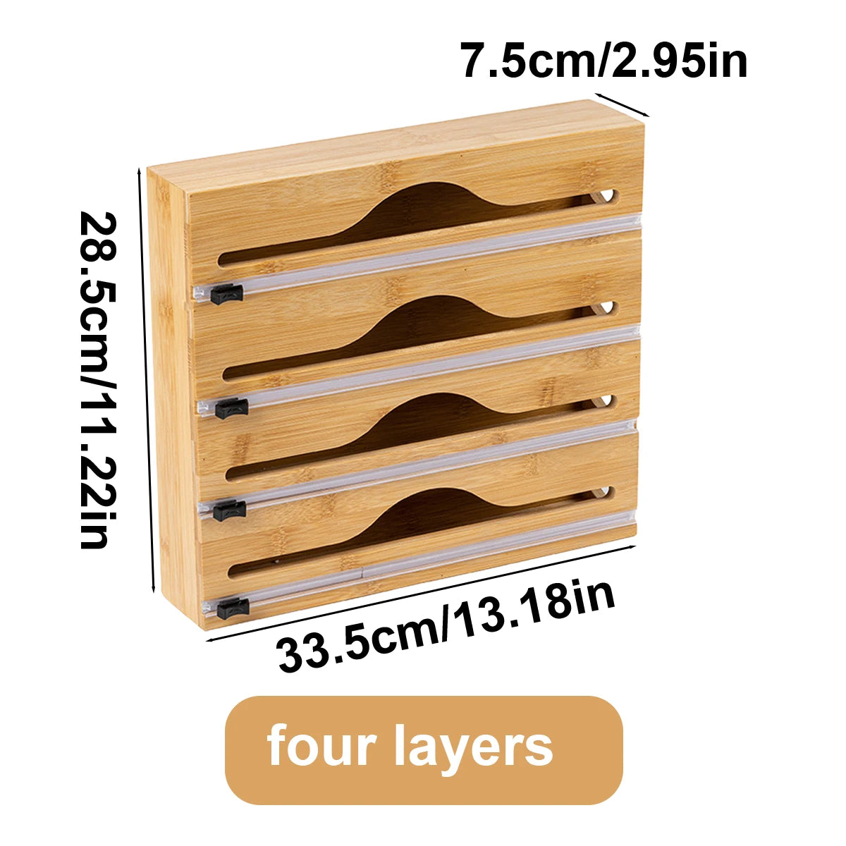 Bamboo kitchen wrap dispenser with integrated foil and cling film cutter