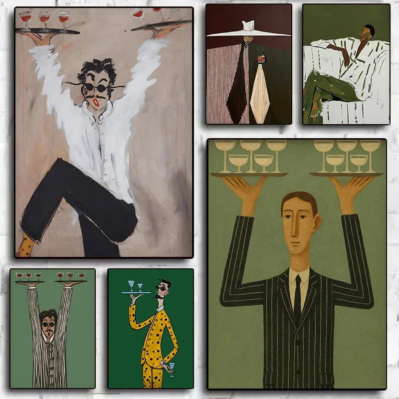 Mid century cocktail waiter poster vintage French bar wall art abstract figure canvas print