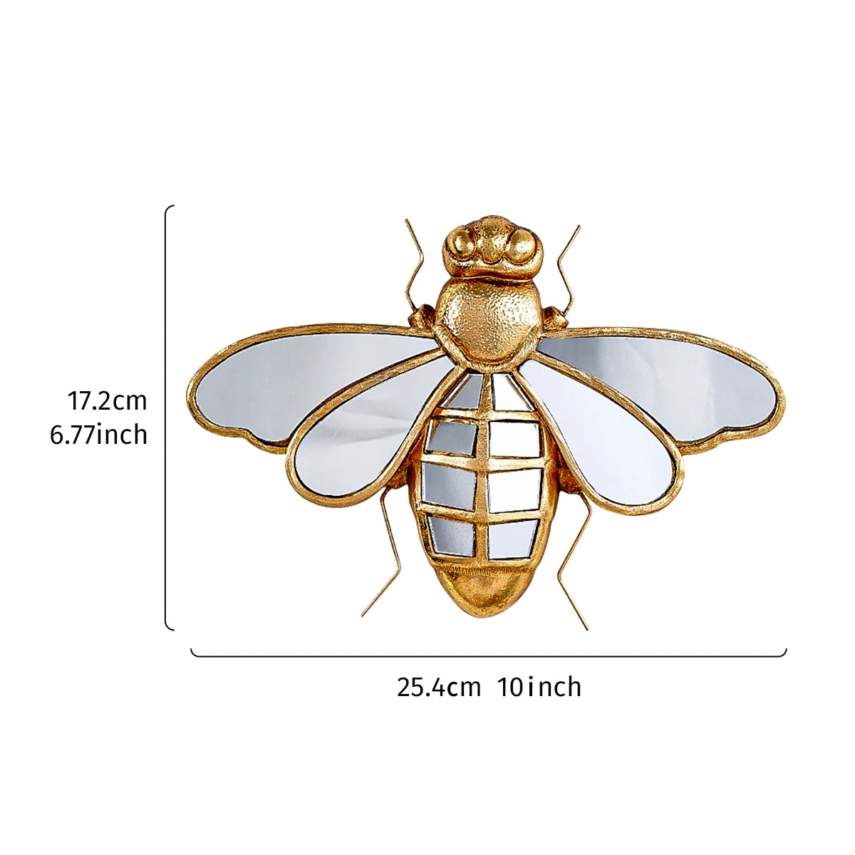 Decorative bee-shaped object with measurements on a white background