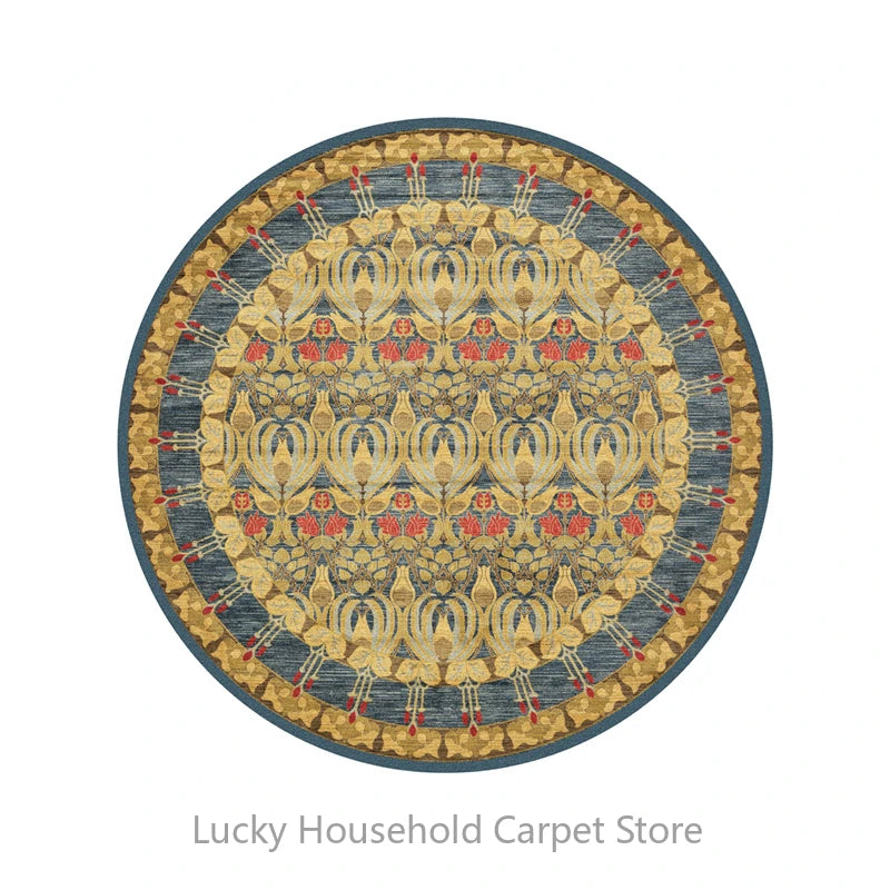 Round decorative rug with intricate patterns on a white background, branded 'Lucky Household Carpet Store'.